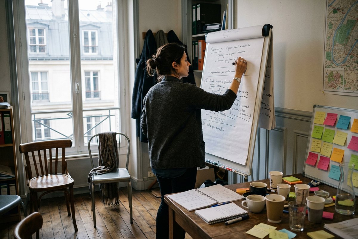manager animant un atelier d'équipe lors d'une formation microsoft teams - planification projet